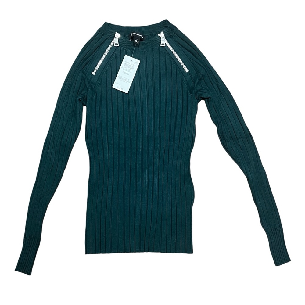 SOLD- NWT INC International Concepts Hunter Green Rib Knit Zipper Sweater Size S - Picture 2 of 6